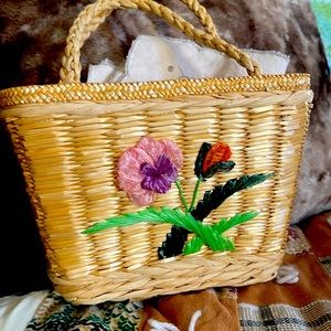 Vintage Basket purse, plastic lined with paper flower embroidery